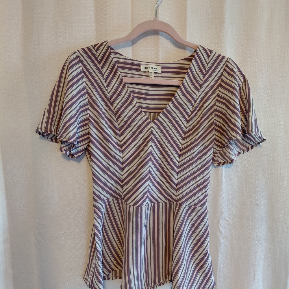 Monteau Purple and White Striped Peplum Blouse